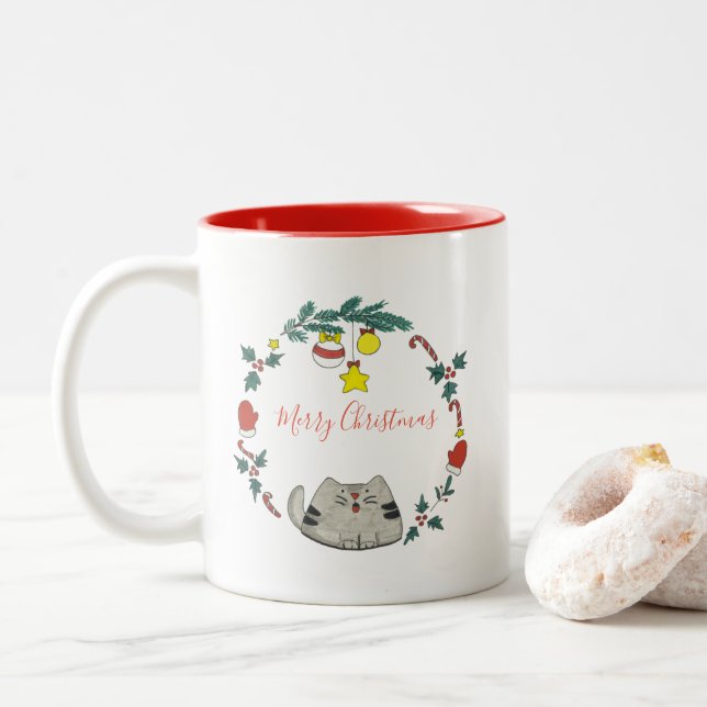 Personalised / Cat Christmas Wreath Two-Tone Coffee Mug (With Donut)