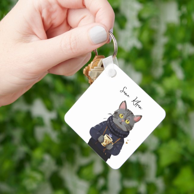 Personalised Cat Cool Black Cat with Coffee Key Ring (Hand)