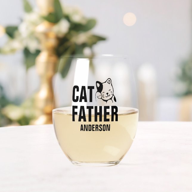 Personalised Cat Father Name Stemless Wine Glass (Insitu (Wedding))