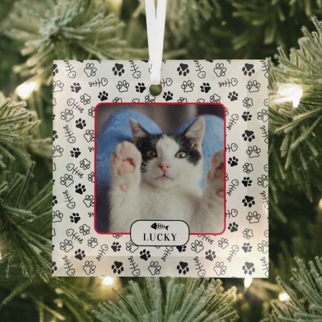 Personalised Cat Fish Bone & Pawprint Pet Photo Glass Tree Decoration (Insitu)