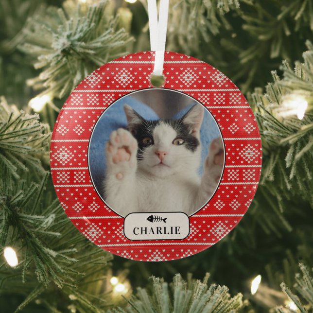 Personalised Cat Fish Red Snowflake Pet Photo Glass Tree Decoration (Insitu)