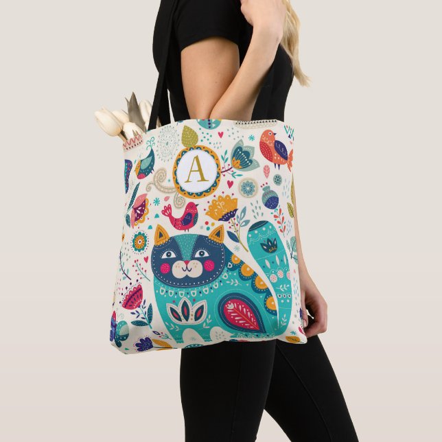 Personalised CAT Folk Art Decorative Birds Flowers Tote Bag (Close Up)