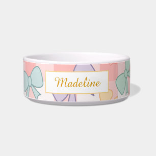 Personalised Cat Gingham Pastel Bows Bowl Ceramic