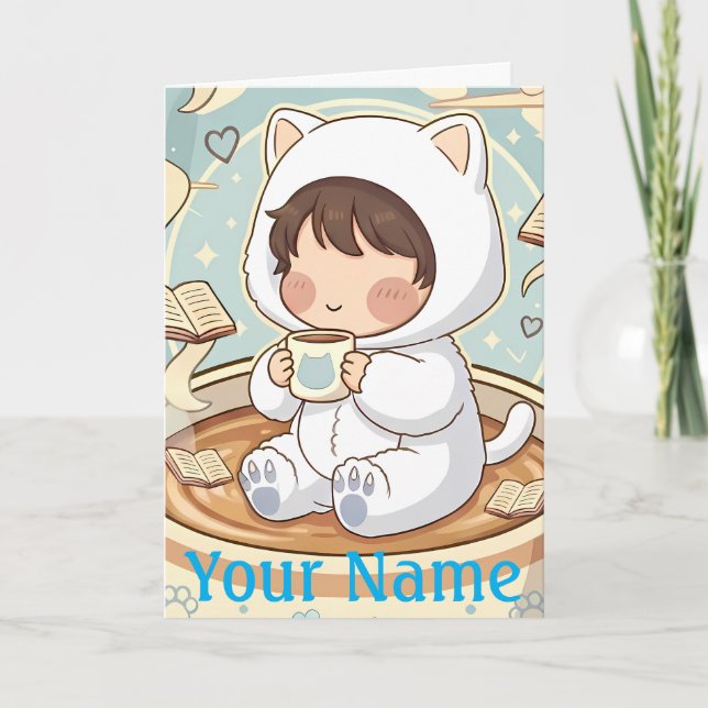 Personalised Cat Greeting Card for Book Lovers (Front)