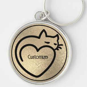 Personalised Cat Love Gold Black Logo Key Ring