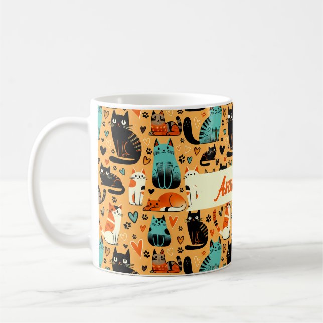 Personalised Cat Lover Name Seam Mug, 11 oz Coffee Mug (Left)