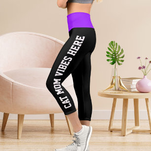 Personalised Cat Mum Vibes On Purple Black Stripes Capri Leggings