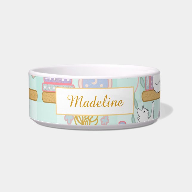 Personalised Cat Name Green Library Bowl Ceramic (Front)