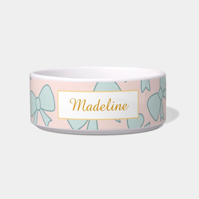 Personalised Cat Name Pastel Blue Bow Bowl Ceramic (Front)