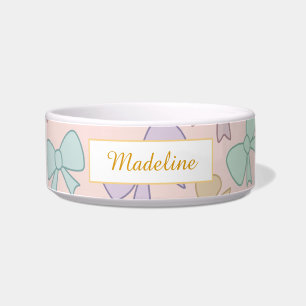 Personalised Cat Name Pastel Bows Bowl Ceramic