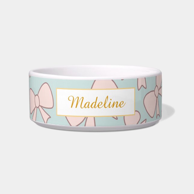 Personalised Cat Name Pastel Pink Bow Bowl Ceramic (Front)