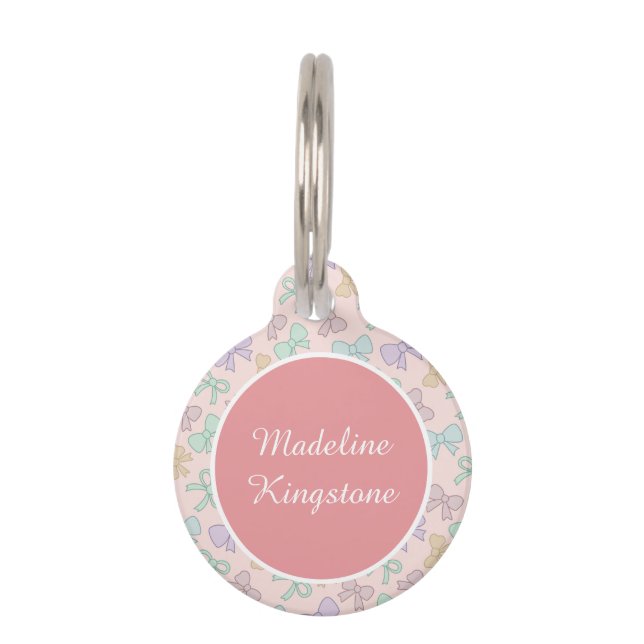 Personalised Cat Name Tag Pink with Pastel Bows (Front)