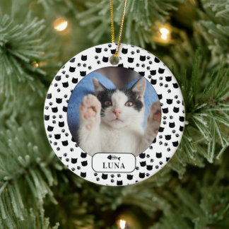 Personalised Cat & Pawprint Pet Photo Ceramic Tree Decoration