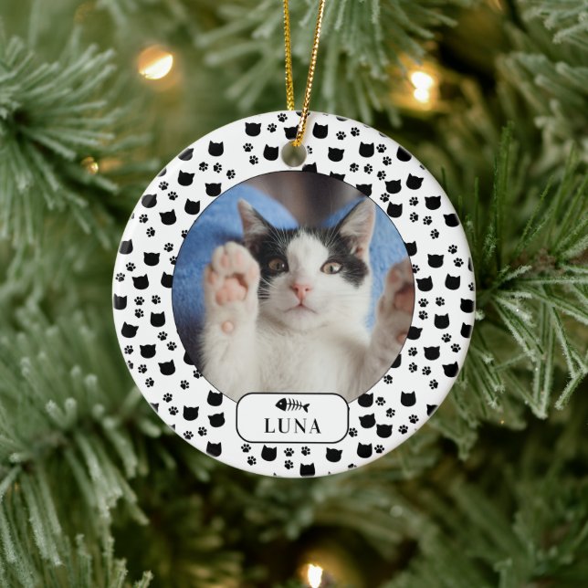 Personalised Cat & Pawprint Pet Photo  Ceramic Tree Decoration (Tree)