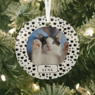 Personalised Cat & Pawprint Pet Photo Glass Tree Decoration