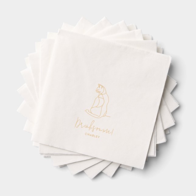 Personalised Cat Pet Illustration Wedding Gold Foil Napkins (Insitu (Stacked))
