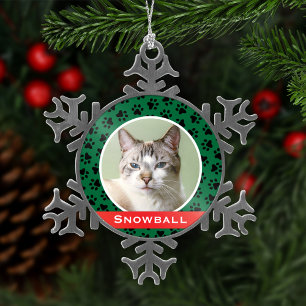 Personalised Cat Pet Photo Green Paw Prints Snowflake Pewter Christmas Ornament