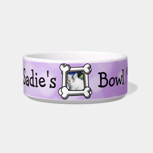 Personalised Cat Photo and Name Purple Paw prints Bowl