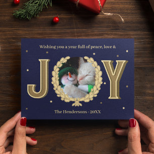 Personalised Cat Photo Blue Gold Joy Christmas Holiday Card