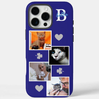 Personalised cat photo collage monogram blue iPhone 16 pro max case