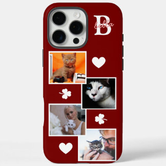Personalised cat photo collage monogram maroon iPhone 16 pro max case