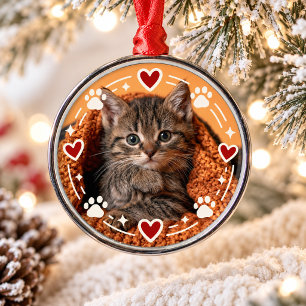 Personalised Cat Photo Cute Paw Prints & Hearts Metal Tree Decoration