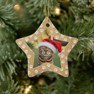 Personalised Cat Photo Star Pawprints Faux Wood Ceramic Tree Decoration