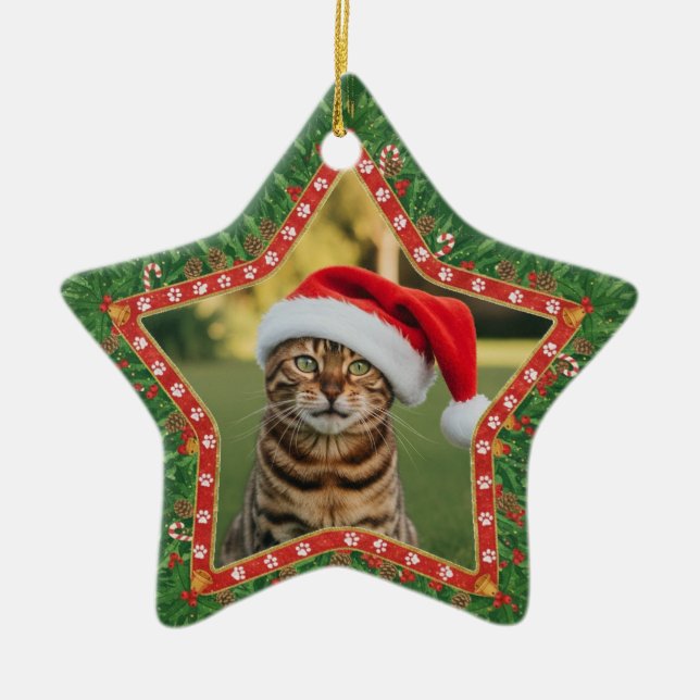 Personalised Cat Photo Star Shaped Christmas Ceramic Tree Decoration (Front)