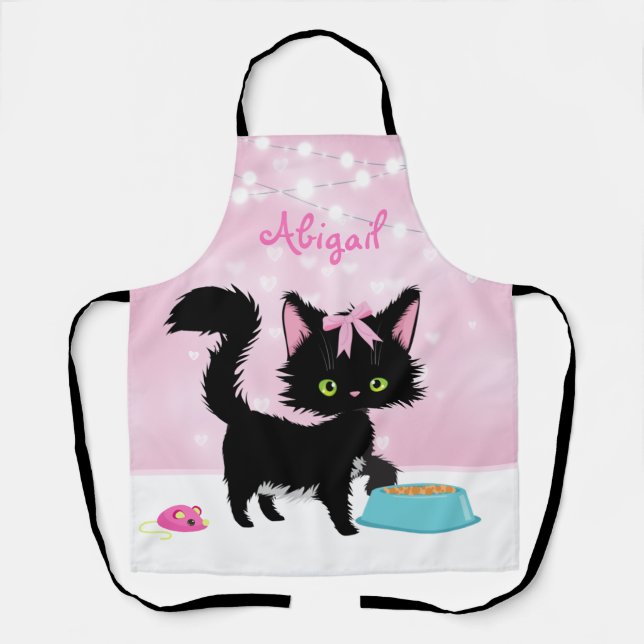 Personalised Cat Pink and White Girly Kitten Apron (Front)