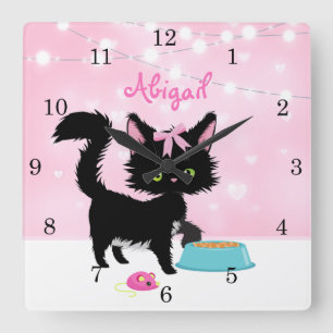 Personalised Cat Pink and White Girly Kitten Square Wall Clock