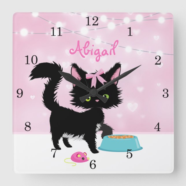 Personalised Cat Pink and White Girly Kitten Square Wall Clock (Front)