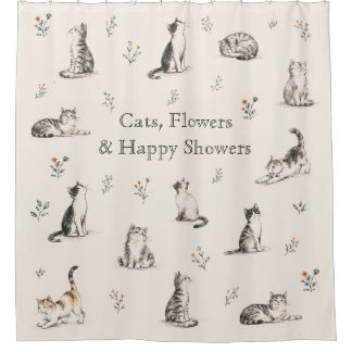 Personalised Cats & Flowers Sketch Shower Curtain