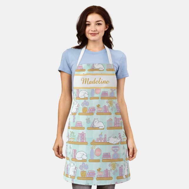 Personalised Cat's Library Bookish Pastel Green Apron (Worn)
