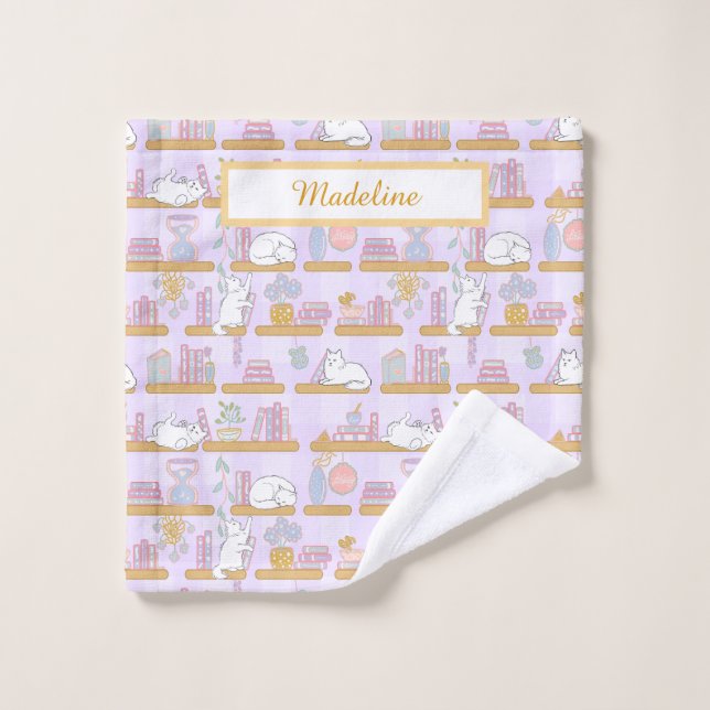 Personalised Cat's Library Bookish Pastel Purple Wash Cloth (Wash Cloth)