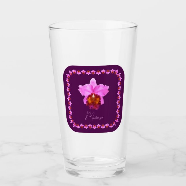 Personalised Cattleya Orchid Motif Print Glass (Front)