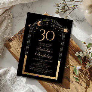 Personalised Celestial 30th Birthday Black Gold Invitation