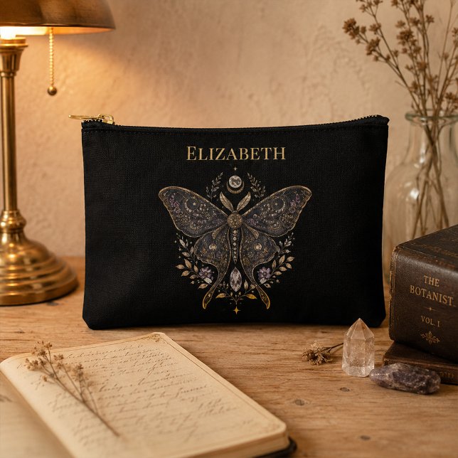 Personalised Celestial Moth Dark Botanical  Accessory Pouch (Personalized Celestial Moth Dark Botanical Accessory Pouch)