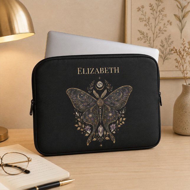 Personalised Celestial Moth Dark Botanical Laptop  Sleeve (Personalized Celestial Moth Dark Botanical Laptop Sleeve)