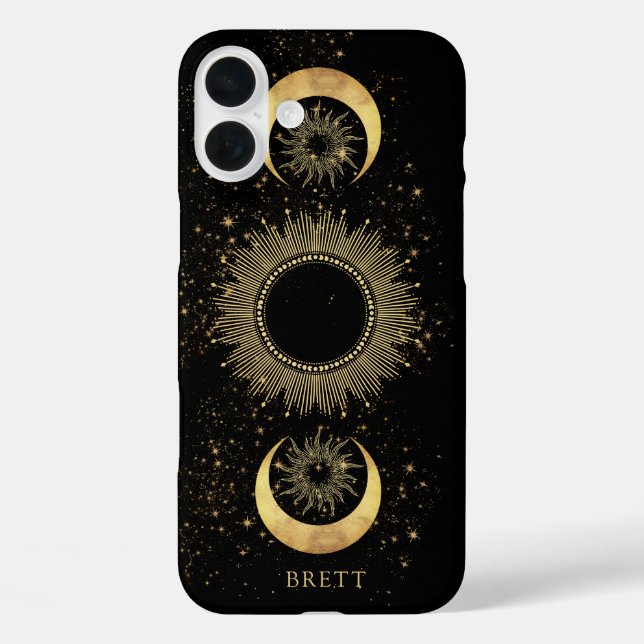 Personalised Celestial Sun Moon Stars Black Gold Case-Mate iPhone Case (Back)