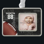 Personalised Chalkboard American Football Silver Plated Framed Ornament<br><div class="desc">A modern American football grid iron design featuring a football on a chalkboard typography background with football terminology in the background. The design features customisable text for the name and number of the football player or grid iron fan. This design has been made in part with graphics licensed by Graphics...</div>