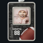 Personalised Chalkboard American Football Silver Plated Framed Ornament<br><div class="desc">A modern American football grid iron design featuring a football on a chalkboard typography background with football terminology in the background. The design features customisable text for the name and number of the football player or grid iron fan. This design has been made in part with graphics licensed by Graphics...</div>