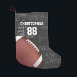 Personalised Chalkboard American Football Small Christmas Stocking<br><div class="desc">A modern American football grid iron design featuring a football on a chalkboard typography background with football terminology in the background. The design features customisable text for the name and number of the football player or grid iron fan. This design has been made in part with graphics licensed by Graphics...</div>