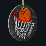 Personalised Chalkboard Basketball and Hoop Ceramic Tree Decoration<br><div class="desc">Personalised basketball and hoop design on a dark and light grey chalkboard design background with a pattern of basketball terms. Just customise the name to add the name of the basktball fan, basketball player or basketball coach. Ideal for netball players too! We welcome custom requests. Please contact us via our...</div>
