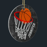 Personalised Chalkboard Basketball and Hoop Ceramic Tree Decoration<br><div class="desc">Personalised basketball and hoop design on a dark and light grey chalkboard design background with a pattern of basketball terms. Just customise the name to add the name of the basktball fan, basketball player or basketball coach. Ideal for netball players too! We welcome custom requests. Please contact us via our...</div>