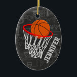 Personalised Chalkboard Basketball and Hoop Ceramic Tree Decoration<br><div class="desc">Personalised basketball and hoop design on a dark and light grey chalkboard design background with a pattern of basketball terms. Just customise the name to add the name of the basktball fan, basketball player or basketball coach. Ideal for netball players too! We welcome custom requests. Please contact us via our...</div>
