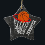 Personalised Chalkboard Basketball and Hoop Ceramic Tree Decoration<br><div class="desc">Personalised basketball and hoop design on a dark and light grey chalkboard design background with a pattern of basketball terms. Just customise the name to add the name of the basktball fan, basketball player or basketball coach. Ideal for netball players too! We welcome custom requests. Please contact us via our...</div>