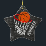 Personalised Chalkboard Basketball and Hoop Ceramic Tree Decoration<br><div class="desc">Personalised basketball and hoop design on a dark and light grey chalkboard design background with a pattern of basketball terms. Just customise the name to add the name of the basktball fan, basketball player or basketball coach. Ideal for netball players too! We welcome custom requests. Please contact us via our...</div>