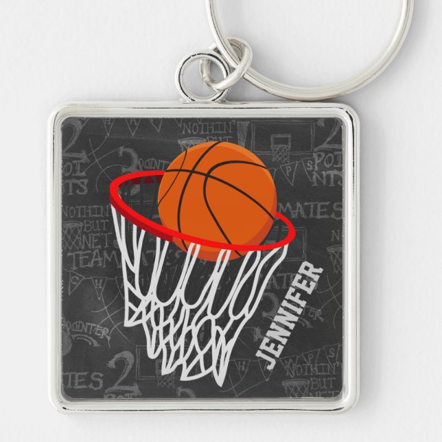 Personalised Chalkboard Basketball and Hoop Key Ring (Front)