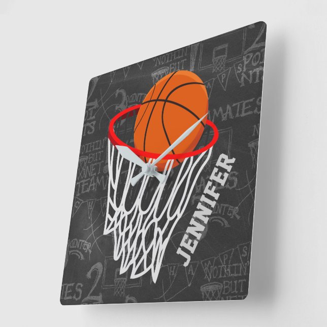 Personalised Chalkboard Basketball and Hoop Square Wall Clock (Angle)