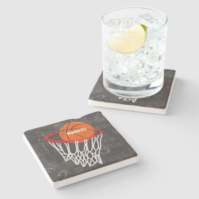 Personalised Chalkboard Basketball and Hoop Stone Coaster (Side)